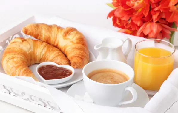 Flowers, coffee, Breakfast, Cup, jam, napkin, croissants