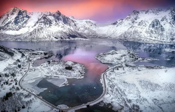 Winter, road, snow, landscape, mountains, nature, lake, reflection