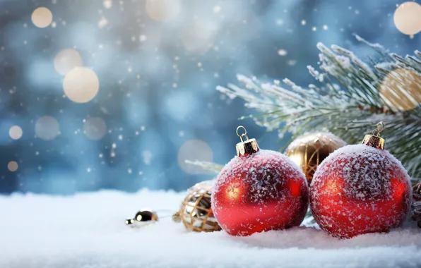 Picture winter, snow, decoration, balls, New Year, Christmas, red, golden