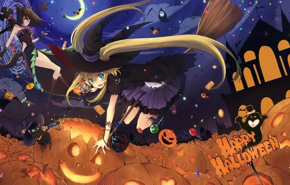 Picture girls, anime, candy, pumpkin, halloween, hats, witches, broom