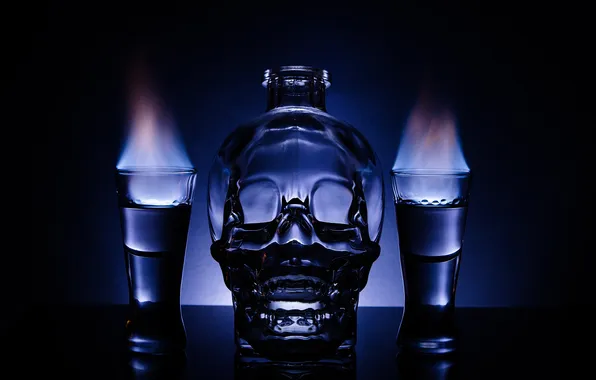 Flame, skull, bottle, vodka, glasses