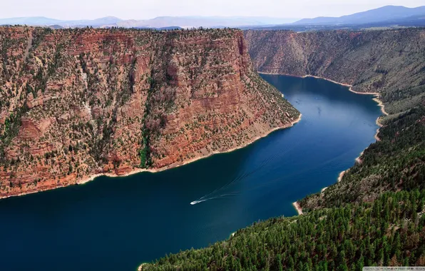 Picture forest, the sky, mountains, river, boat, slope, horizon, canyon