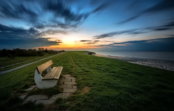Picture sunset, shore, bench