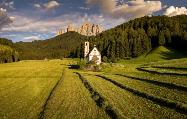 Picture field, mountains, Italy, Church, Bolzano