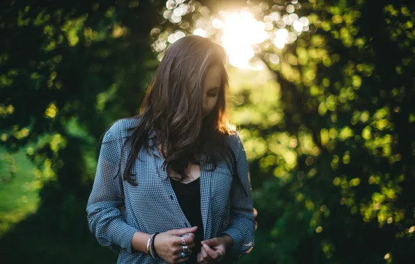 Picture summer, trees, brunette, shirt, bokeh