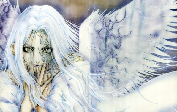 Face, white wings, angel sanctuary, the abode of the angel, Rosiel, a finger to his …