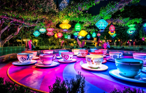 Trees, lights, Park, the evening, hdr, Cup, lanterns, tea party