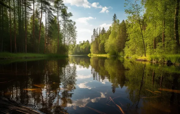 Forest, clouds, landscape, nature, lake, reflection, shore, pine
