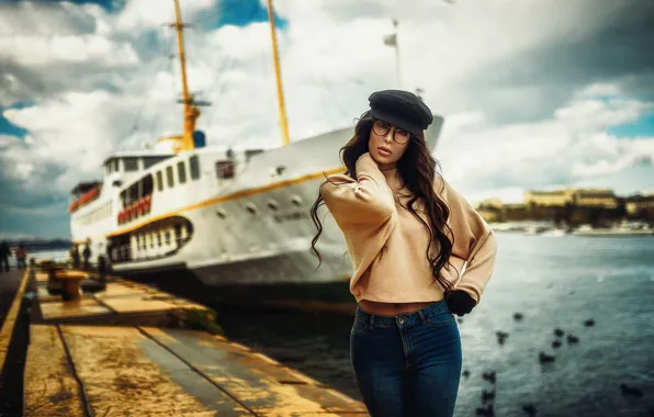 Pose, model, ship, Marina, portrait, jeans, makeup, figure