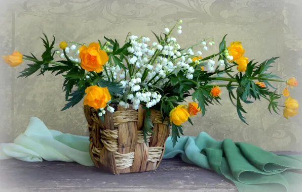 Basket, lilies of the valley, marigold