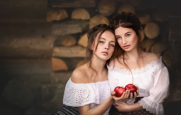 Girls, mood, apples, two girls, blouse, Maria Krzysztof Slowinski