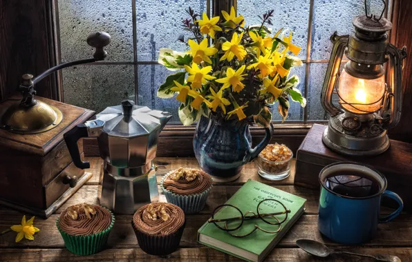 Picture coffee, window, sugar, still life, cream, daffodils, coffee grinder, muffin