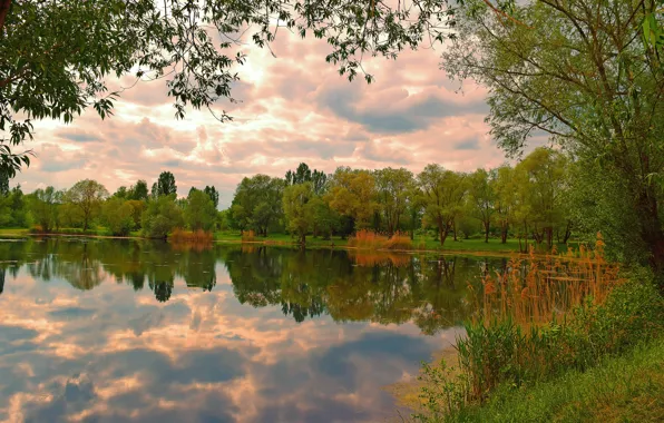 Picture the sky, reflection, trees, lake, Autumn, sky, trees, autumn