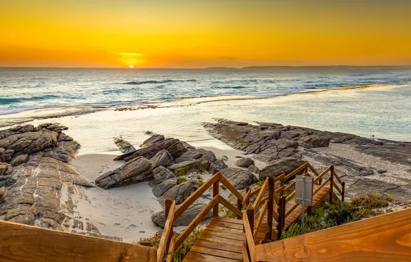 Sea, landscape, sunset, rocks, ladder