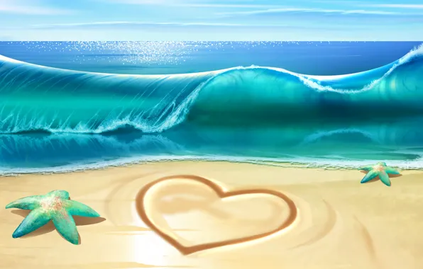 Sea, wave, beach, heart, waves, starfish, beach, sea