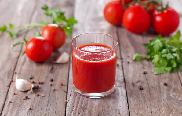 Greens, glass, table, Board, juice, tomatoes, bokeh, spices