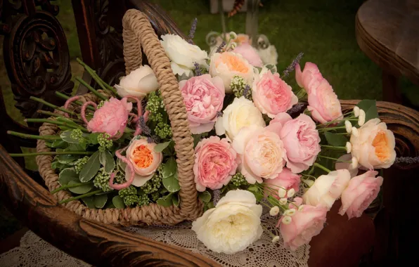 Flowers, roses, bouquet, basket, chrysanthemum, composition