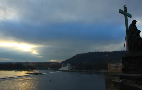 The sun, clouds, bridge, river, Prague, statue