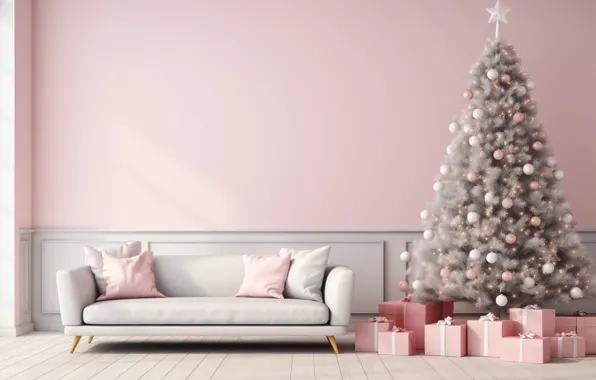 Picture decoration, house, room, sofa, balls, tree, interior, New Year