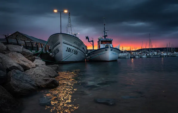 Picture water, sunset, stones, boats, the evening, lights