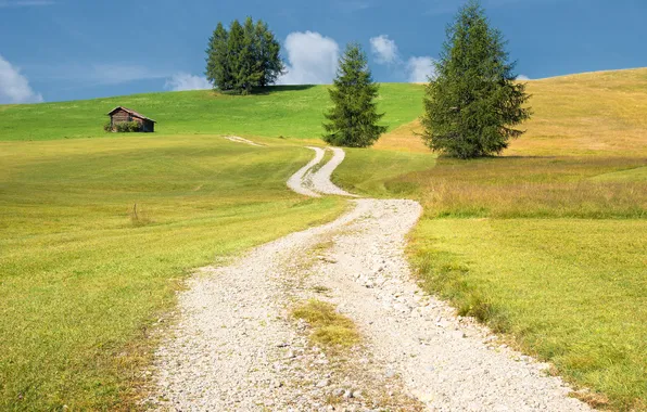 Road, field, clouds, blue, hills, ate, house