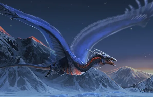 Picture mountains, dragon, wings, flight