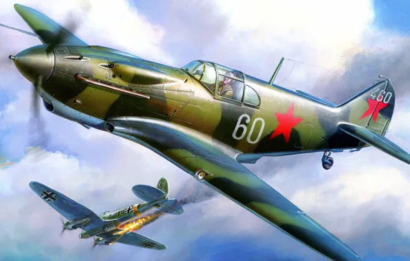 Picture fire, war, fighter, bomber, Lavochkin-Gorbunov-Gudkov, LaGG-3, lined, He 111