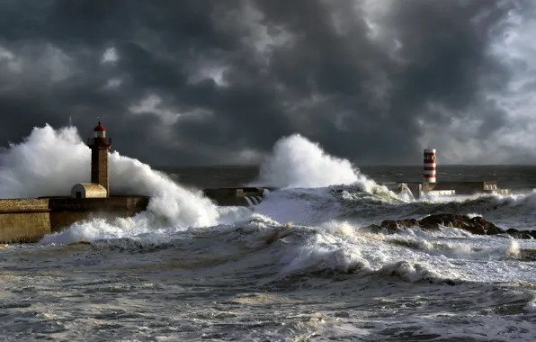 Picture wave, the sky, clouds, storm, the ocean, element, lighthouse