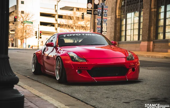 Red, the city, Nissan, 350z, Nissan, fairlady, Fairlady, rocket bunny