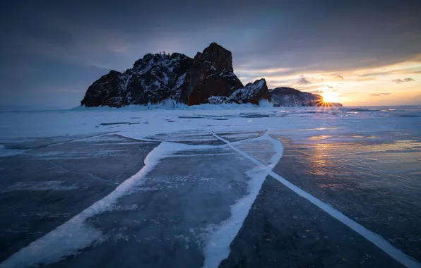 Winter, sunset, rock, ice, Russia, Lake Baikal, frozen lake