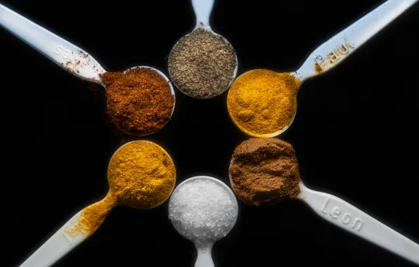 Picture cinnamon, pepper, salt, turmeric, saffron, Turmeric, Cayenne papper