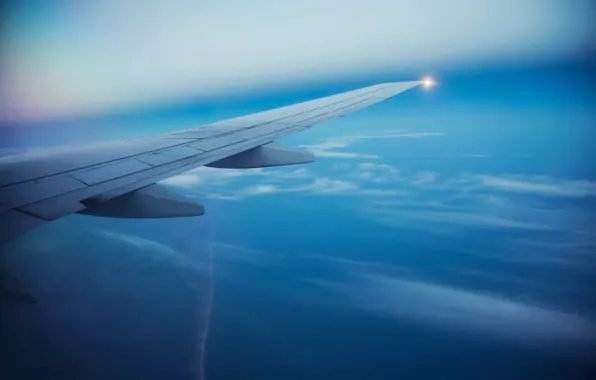 Picture sea, the sky, Islands, clouds, flight, the plane, wing, blur
