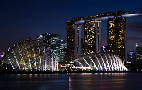 Night, lights, river, building, construction, Singapore, promenade, Marina Bay Sands