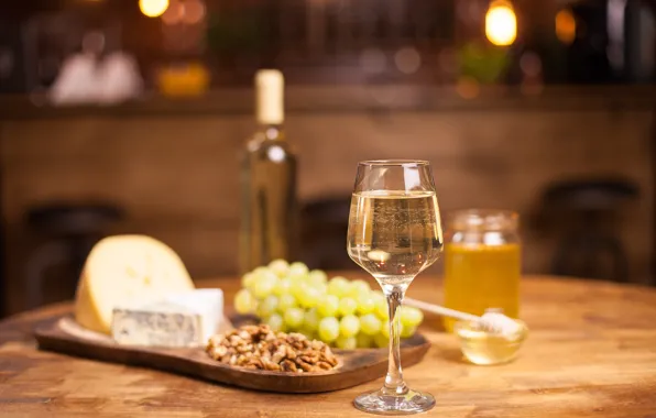 Table, wine, glass, cheese, grapes, kitchen, Bank, nuts