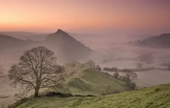 Picture sunset, mountains, fog