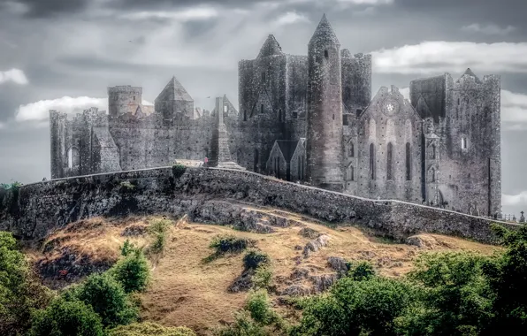 The sky, clouds, fog, castle, wall, hills, tower, treatment