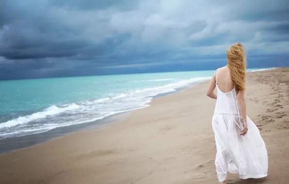 Picture sea, wave, beach, girl, loneliness, white, dress, Girl Alone