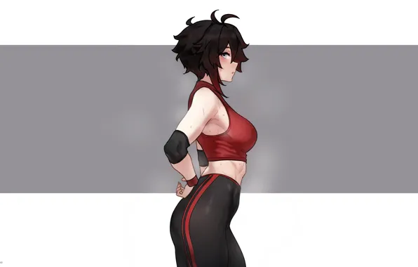 Short hair, sweat, dark hair, abs, RWBY, armpits, looking at viewer, blushing