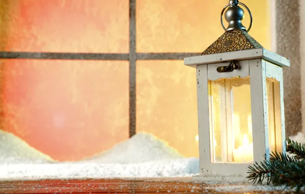 Winter, snow, decoration, New Year, window, Christmas, lantern, Christmas