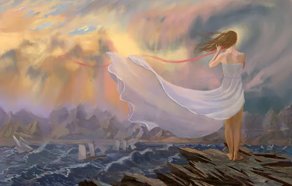 Picture sea, girl, mountains, the wind, ships, dress, tape, waiting