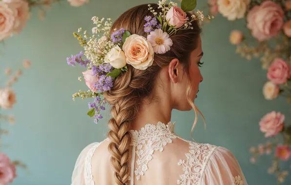 Flowers, Girl, Hair, Roses, Braid, Digital art, Back, AI art