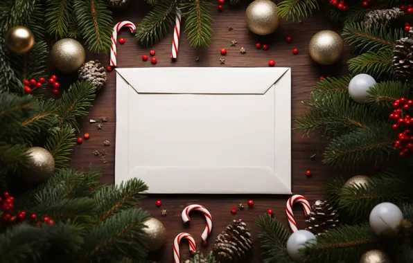 Letter, balls, branches, Board, frame, Christmas, New year, needles
