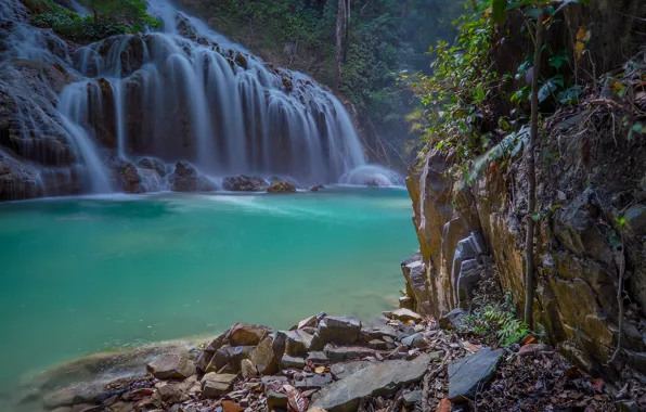 Rock, lake, waterfall, Indonesia, Lapopu
