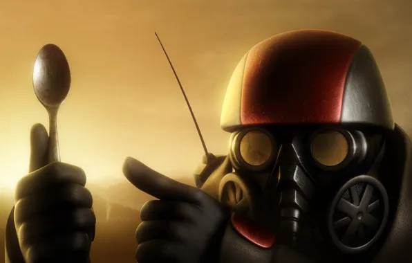 Red, gas mask, Spoon
