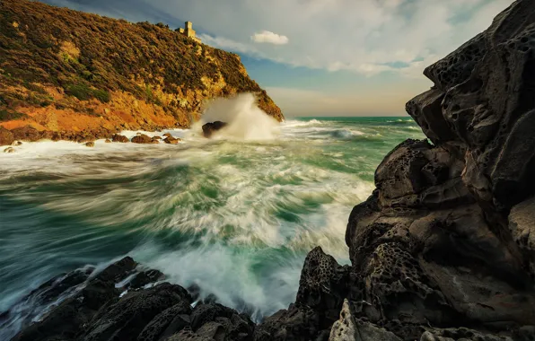Sea, wave, light, stones, castle, rocks, hill, surf