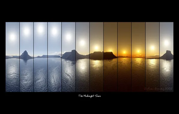 Picture sea, the sun, mountains, labels, lineup, The Midnight Sun, collage, photography