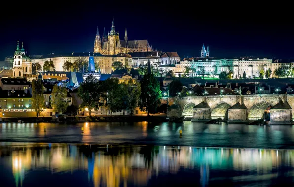 Picture night, bridge, the city, lights, reflection, river, Prague, Czech Republic
