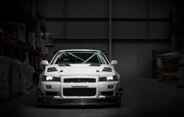 Picture white, Nissan, GT-R, Skyline, R34, dark warehouse