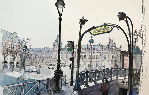 Metro, figure, Paris, watercolor, the urban landscape, Boulevard Saint-Michel