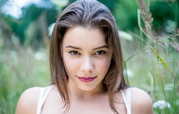 Grass, look, close-up, model, portrait, makeup, hairstyle, brown hair